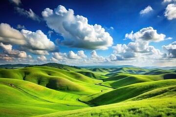 Obraz premium Rolling green hills and blue sky with clouds