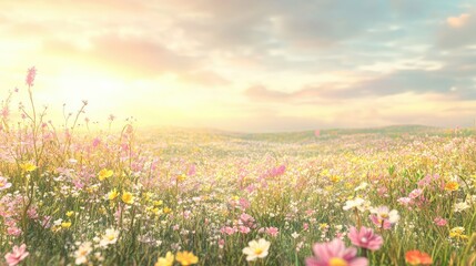 Obraz premium A scenic meadow bursting with vivid flowers in soft focus, with pinks, yellows, and whites blending harmoniously under the warmth of a clear spring sky.