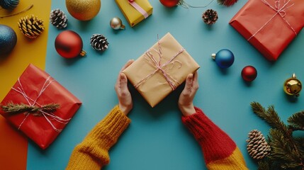Woman is packing surprise gift for Christmas holidays, sitting at workplace with craft tools, top view. Woman wrapping Christmas gift at colored table.