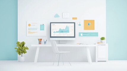 A modern, minimalist workspace featuring a computer, various wall art, and a plant, designed for productivity and creativity in a light blue environment.