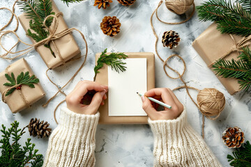 Writing a holiday card surrounded by gifts and festive decorations on a winter morning.