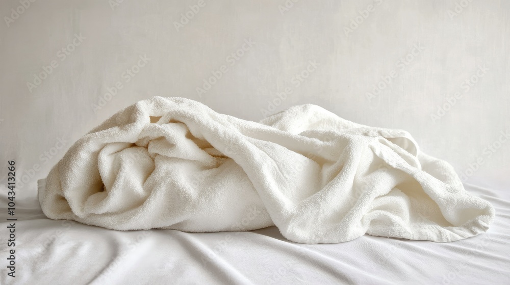 Poster a side view of a white towel in a crumpled state, set against a soft backdrop, emphasizing its luxur