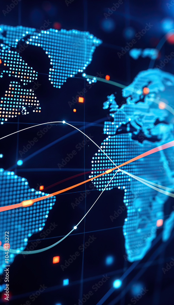 Poster digital world map with glowing blue network connections futuristic technology global communication vertical format