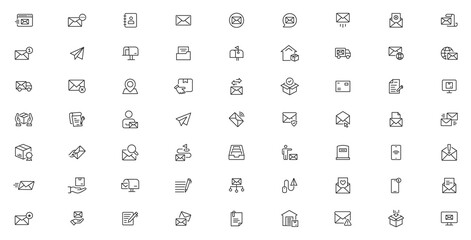 Mail and email Icons Set. Message, envelope, mailing, postal letter, post office and mailbox outline icon set