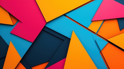 A vibrant composition of geometric paper shapes in pink, blue, orange, and dark colors, layered intricately to create visual depth and interest.