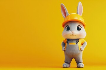 Cute Cartoon Rabbit in Construction Outfit and Helmet