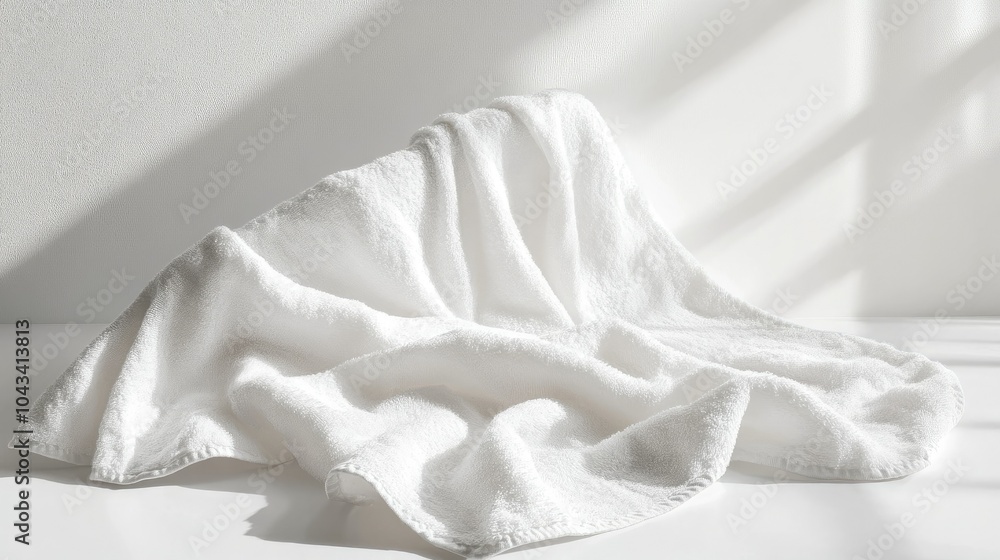 Poster a soft, crumpled white towel displayed in side view, capturing its inviting texture and warmth, idea