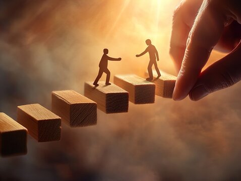 Navigating Success: Two Figures on Wooden Platforms with Strategic Support - A Motivational Poster for Sports Interiors Inspiring Achievement and Teamwork