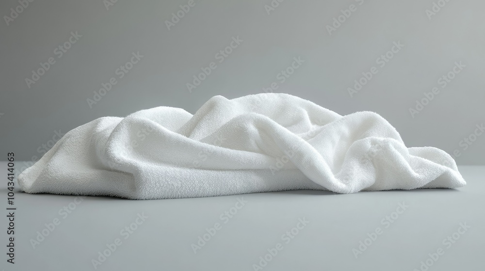 Poster a soft, crumpled white towel displayed in side view, capturing its inviting texture and warmth, idea