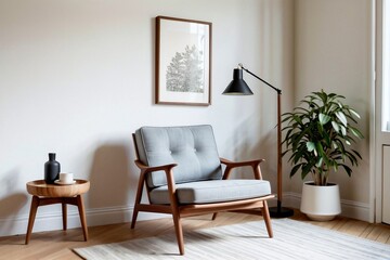 Scandinavian living room focusing on a lounge chair at the corner with decor in a wooden accent.