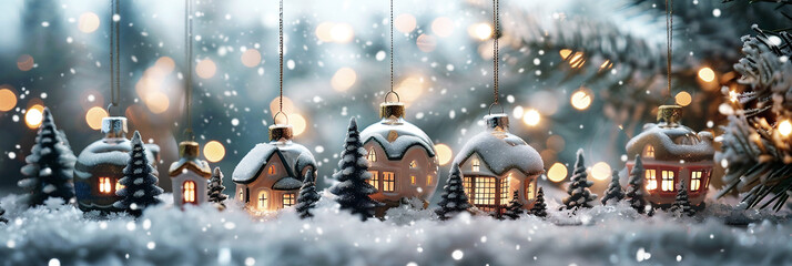 Charming miniature winter village ornaments hang among frosted trees, adorned for the holiday season in a serene snowy setting.