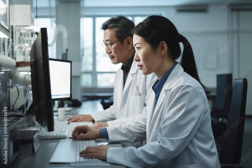 Poster asian female scientist working on a desktop computer in a modern laboratory environment alongside a 