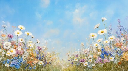 A spring meadow brimming with daisies and other wildflowers, with the soft-focus effect blending the colors into a peaceful, idyllic scene under a bright blue sky.