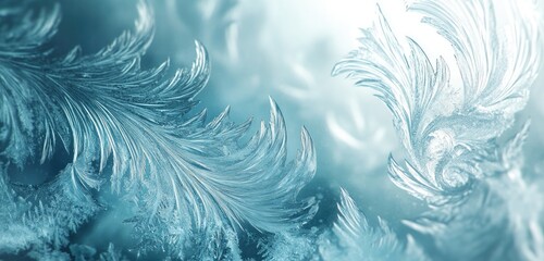 Frozen glass with delicate, swirling frost patterns etched into the surface, surrounded by a cold, misty winter atmosphere, evoking a serene icy chill.