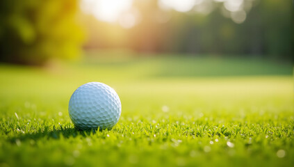 Obraz premium Low angle closeup of a white golf ball on tee position, Golf ball on lush green grass, sunny golf course