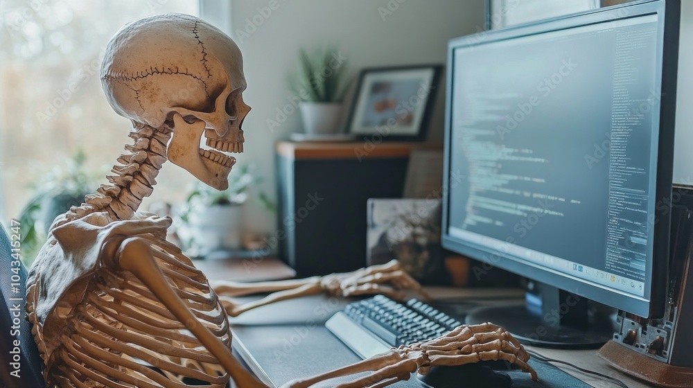 Aufkleber a skeleton is sitting at a computer keyboard