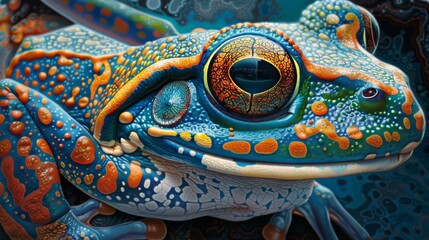 Naklejka premium Four frogs perched on vibrant green leaves, highlighting a striking bright orange frog among them. Nature diversity concept