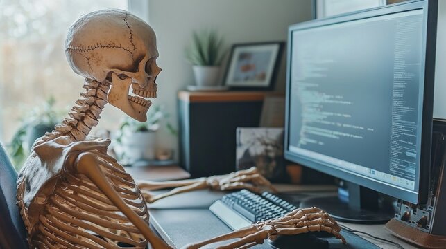 A skeleton is sitting at a computer keyboard