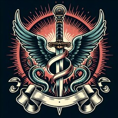 Sword with wings and ribbons tattoo design