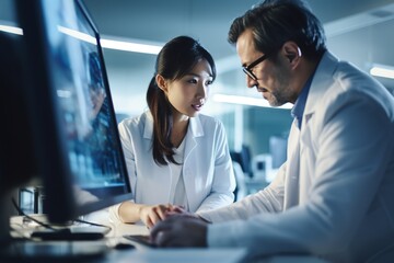 Asian female scientist collaborates with a male colleague at a modern research lab desk using a desktop computer to analyze data
