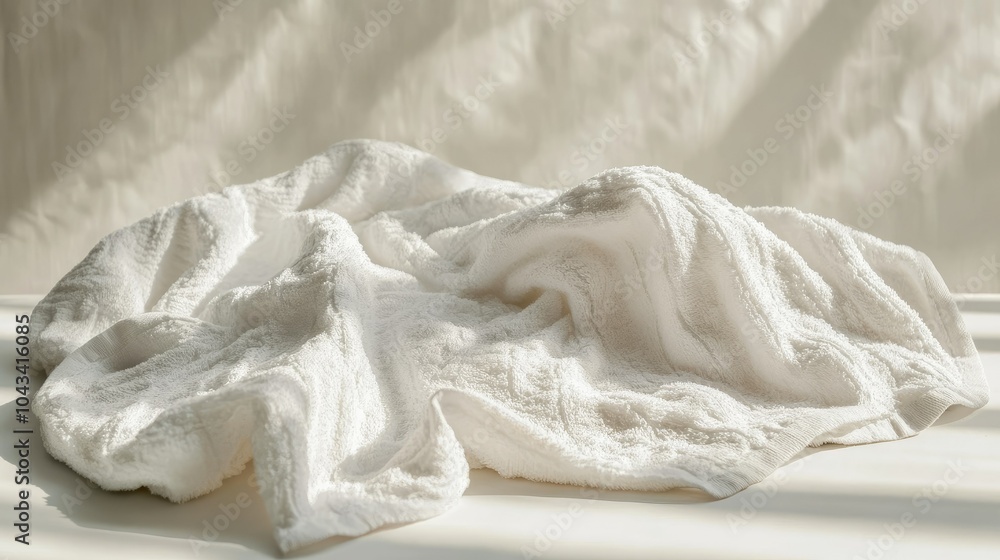 Poster a textured white towel shown in a side view, crumpled on a smooth surface, evoking a sense of comfor