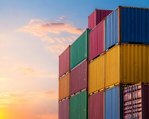 Fototapeta premium Colorful shipping containers stacked against a sunset backdrop, creating a vibrant industrial scene.