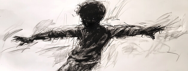 Fototapeta premium Black charcoal pencil drawing of a small active kid dancing in white background with live performance
