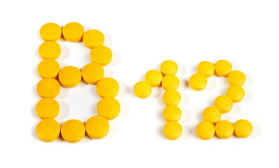 Vitamin B Pills isolated - B12 on white background