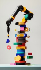 Robotic Arm Assembling a Stack of Colorful Geometric Shapes, Symbolizing Automation and Technology