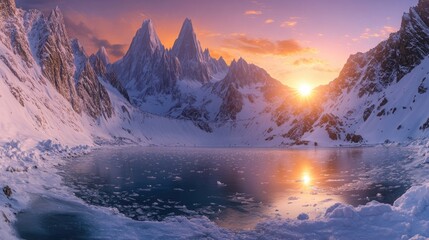 Majestic snow-covered mountains at dawn, with the sun rising over the peaks and casting a warm glow on the icy, still lake below, creating a stunning winter landscape.