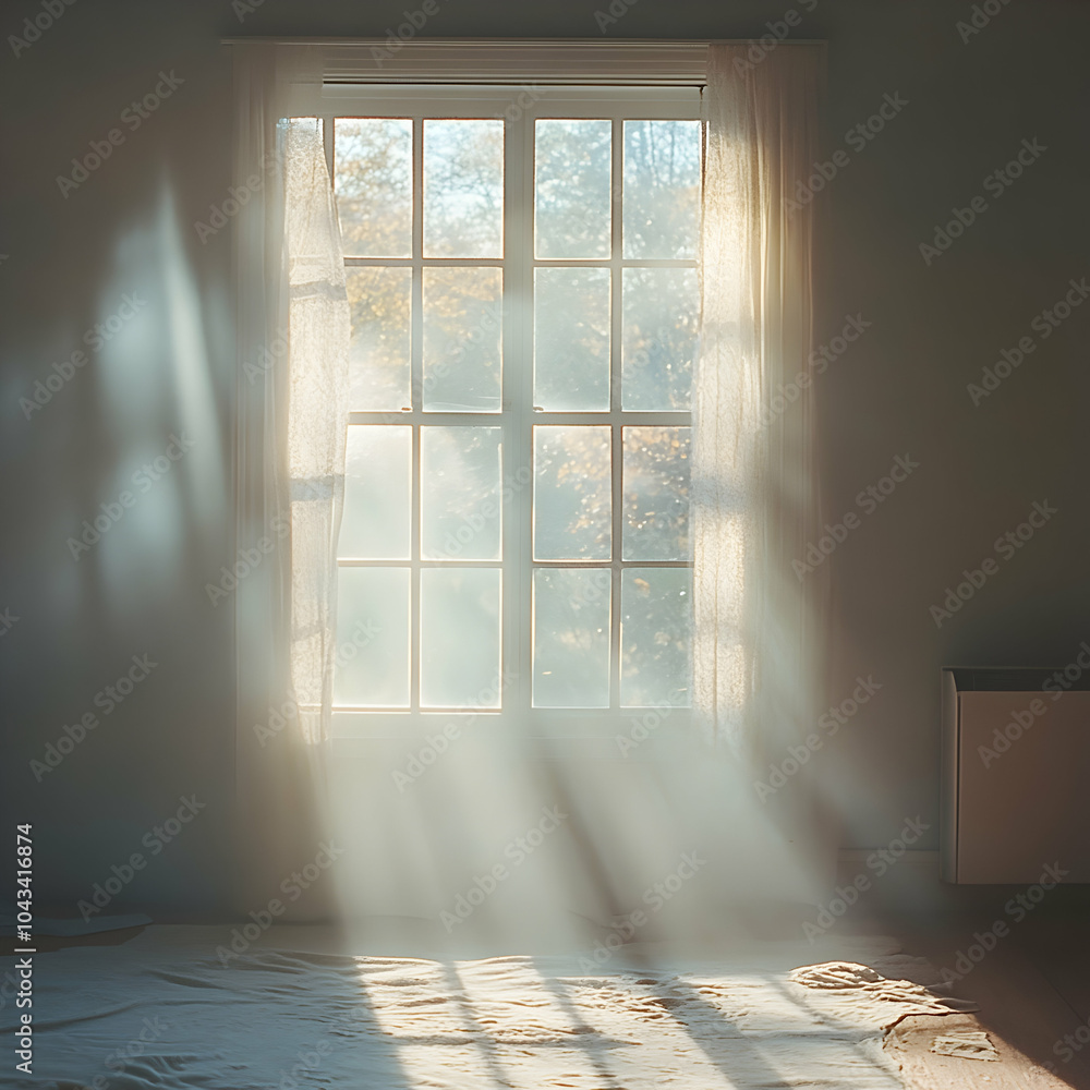 Poster Sunlit Window with Frosted Glass Filtering Soft Light in a Tranquil Indoor Setting
