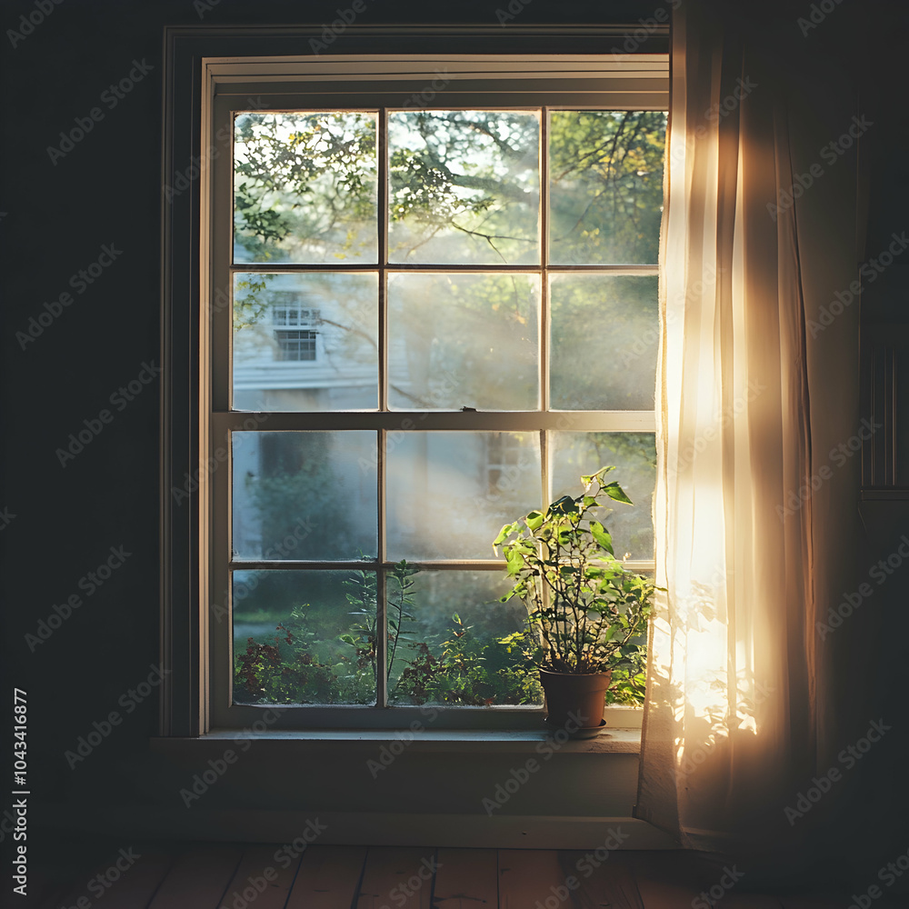 Poster Sunlit Window with Frosted Glass Casting Soft Light in a Serene Indoor Setting