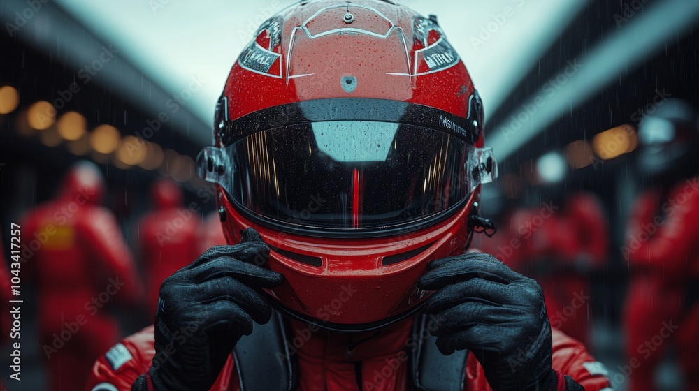 Poster dressed in a vibrant red suit, the driver adjusts their helmet in a pit area, surrounded by team mem