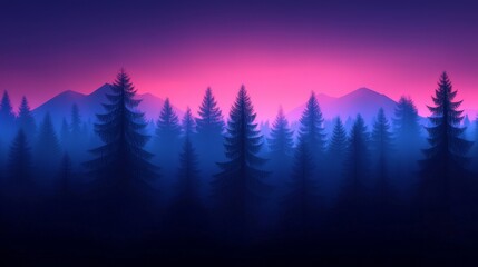 Fototapeta premium Silhouetted Pine Forest at Dusk with Purple and Blue Gradient Sky