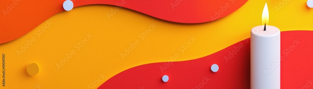 Poster a serene composition featuring a white candle against a vibrant backdrop of red and yellow wavy patt
