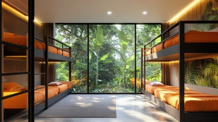A vibrant modern dormitory room showcasing six orange bunk beds, minimalist design, and large windows with a view of lush greenery.