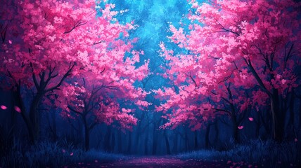 A vibrant, dreamy forest path flanked by luminous pink trees under a mystical blue haze creates a tranquil, enchanting atmosphere.