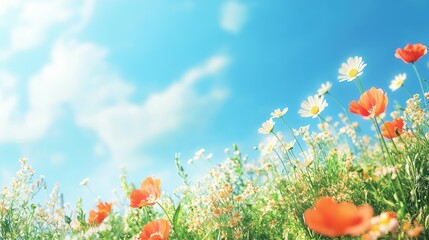 A vibrant spring meadow alive with colorful wildflowers like daisies and poppies, set against a crisp blue sky, with soft-focus capturing the serenity of nature.
