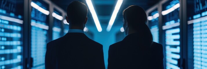 Professionals standing in a server room, showcasing advanced technology and data management in a modern IT environment.