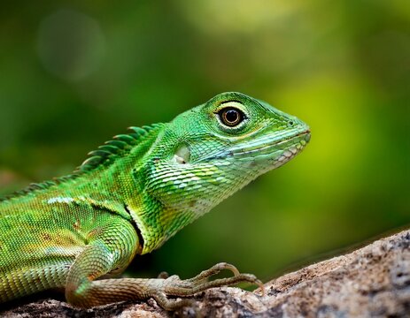 Close view of a common green forest lizard
