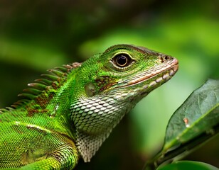 Fototapeta premium Close view of a common green forest lizard
