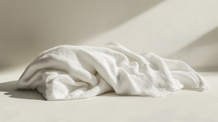 Obraz premium A white towel displayed in a side view, crumpled and soft, set against a neutral background, highlighting its elegant simplicity for home or hospitality settings