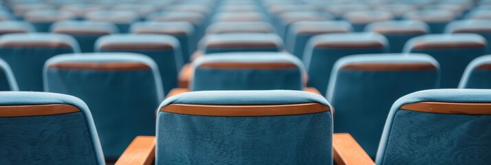 Rows of empty blue seats in a theater or conference hall create a pattern of symmetry and anticipation for an upcoming event.
