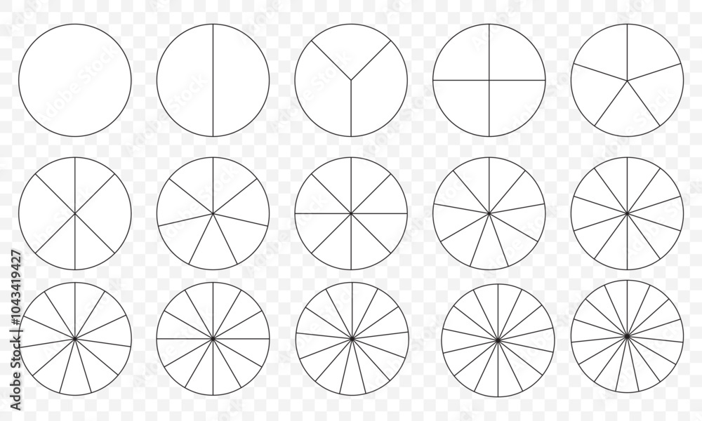 Poster set of round structure graphs. outline circular chart. piechart with segments and slices. schemes wi