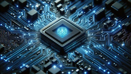 Fototapeta premium Glowing AI Microchip on Electronic Circuit Board: Futuristic Visualization Representing Machine Learning, Neural Networks, Data Flow, and Advanced AI Processing in Digital Technology