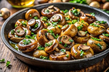 Fototapeta premium Sauté mushrooms in butter until golden, then toss with fresh herbs for a simple, flavorful side.
