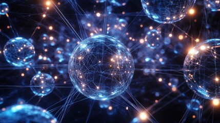 Futuristic Digital Network Represented by Spherical Nodes Connected by Glowing Light Threads Symbolizing Data Transfer and Connectivity