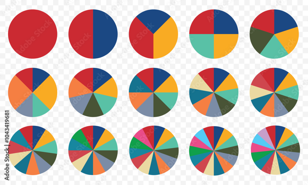 Poster pie chart color icons. segment slice sign. circle section graph. 1,2,3,4,5 segment infographic. whee