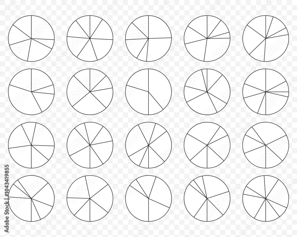 Poster set of round structure graphs. outline circular chart. piechart with segments and slices. schemes wi