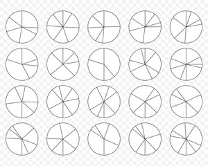 Set of round structure graphs. Outline circular chart. Piechart with segments and slices. Schemes with sectors. Pie diagram divided into pieces. Circle section template. Vector illustration. EPS 10.